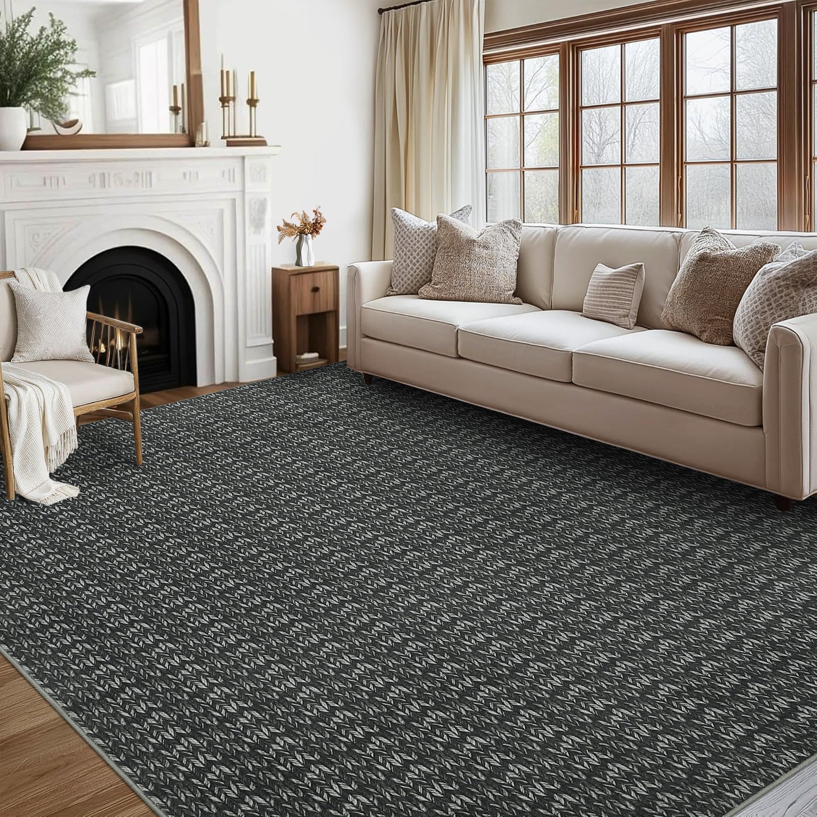 Garvee Modern Black 6x9 Area Rug Braided Print Throw Rug with Non-Slip Backing, Washable Contemporary Accent Carpet, Foldable Low Pile Floor Cover for Living Room, Bedroom