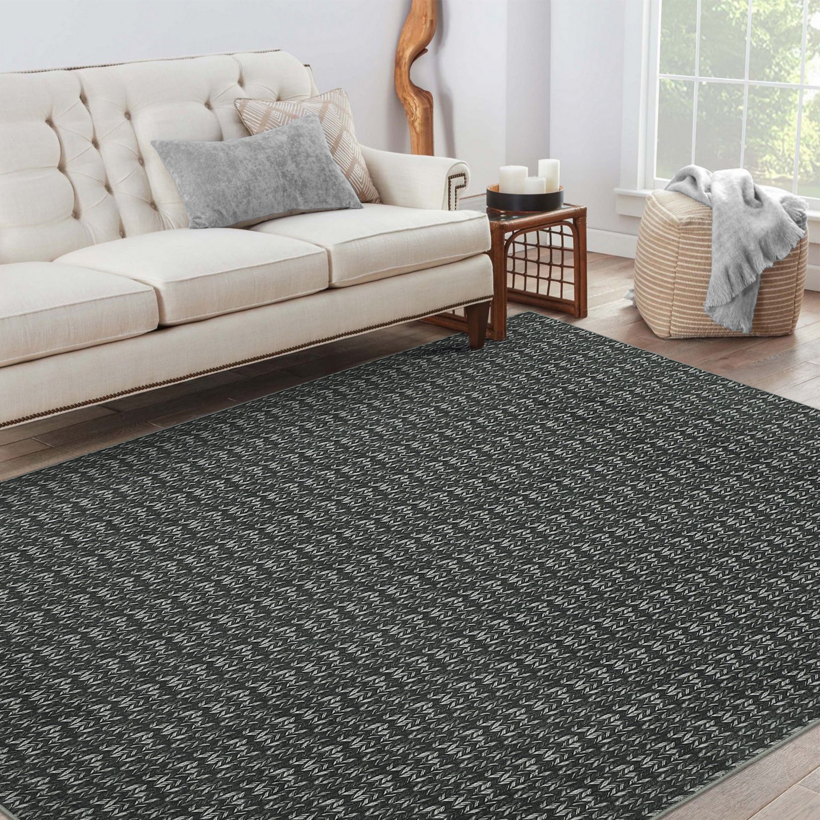 Garvee Modern Black 9x12 Large Area Rug Braided Print Living Room Rug with Non-Slip Backing, Contemporary Indoor Carpet, Foldable Low Pile Floor Cover for Dining Room, Bedroom, Black