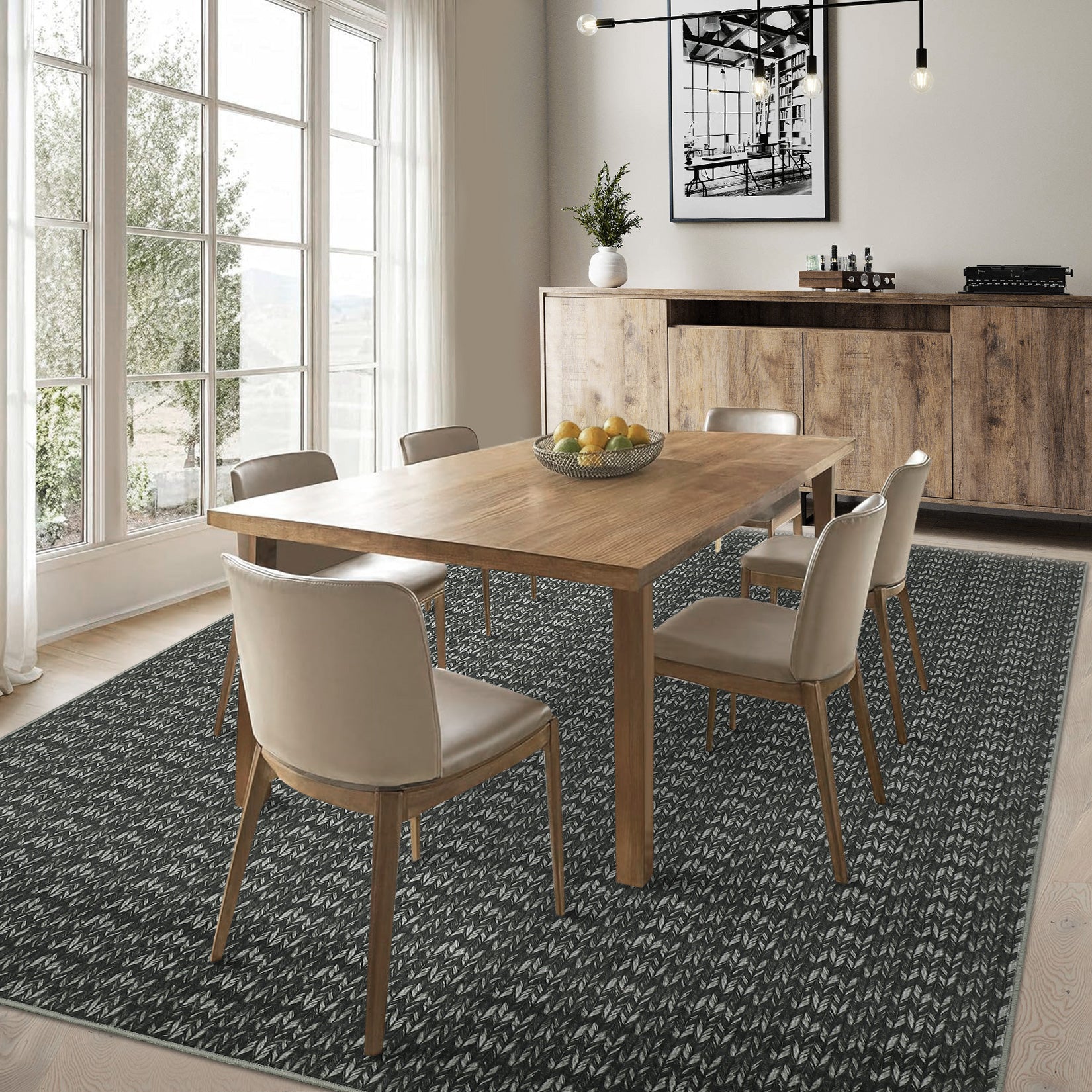Garvee Modern Black 9x12 Large Area Rug Braided Print Living Room Rug with Non-Slip Backing, Contemporary Indoor Carpet, Foldable Low Pile Floor Cover for Dining Room, Bedroom, Black