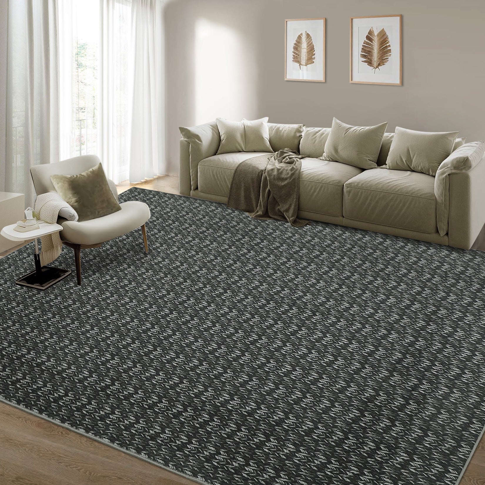 Garvee Modern Black 9x12 Large Area Rug Braided Print Living Room Rug with Non-Slip Backing, Contemporary Indoor Carpet, Foldable Low Pile Floor Cover for Dining Room, Bedroom, Black