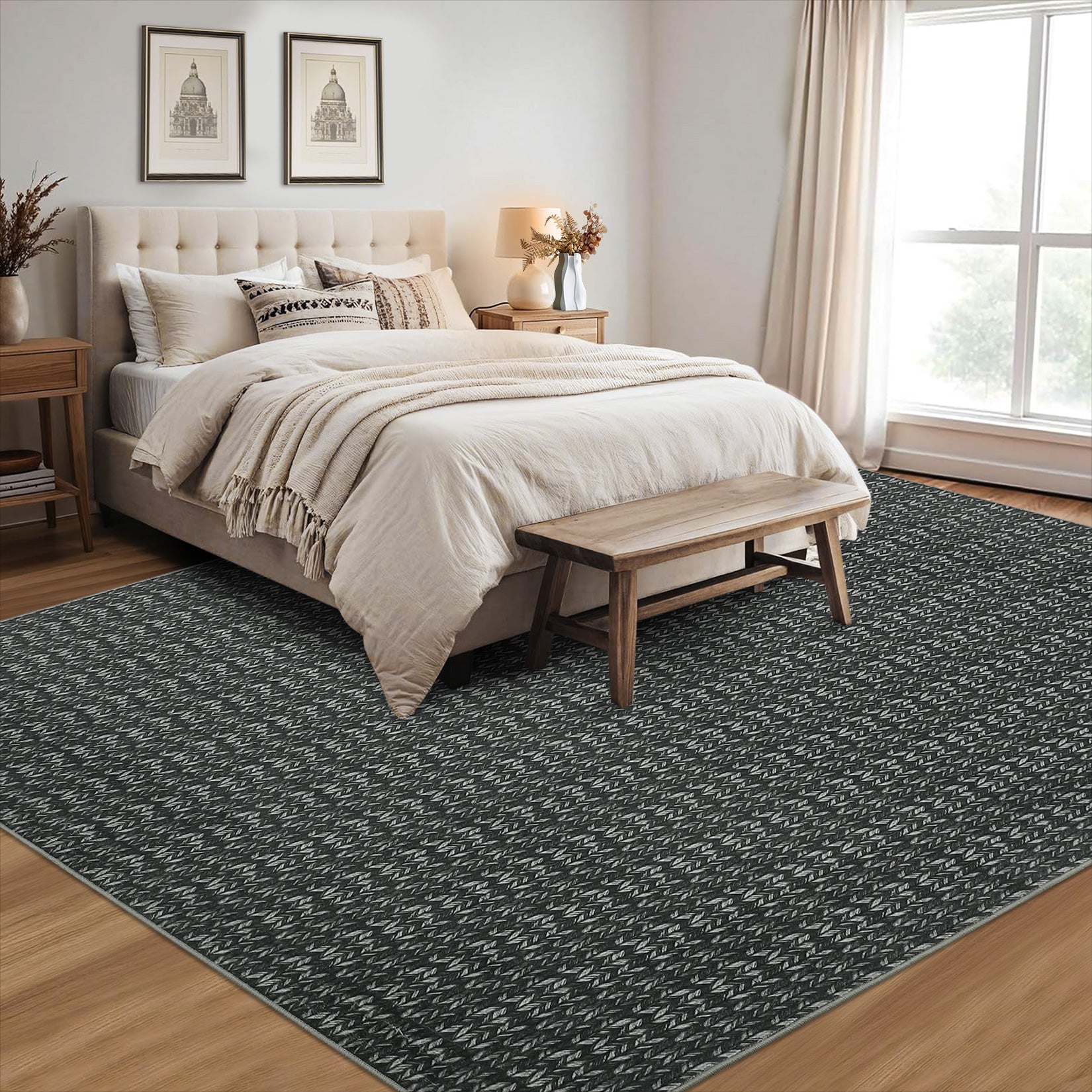 Garvee Modern Black 6x9 Area Rug Braided Print Throw Rug with Non-Slip Backing, Washable Contemporary Accent Carpet, Foldable Low Pile Floor Cover for Living Room, Bedroom