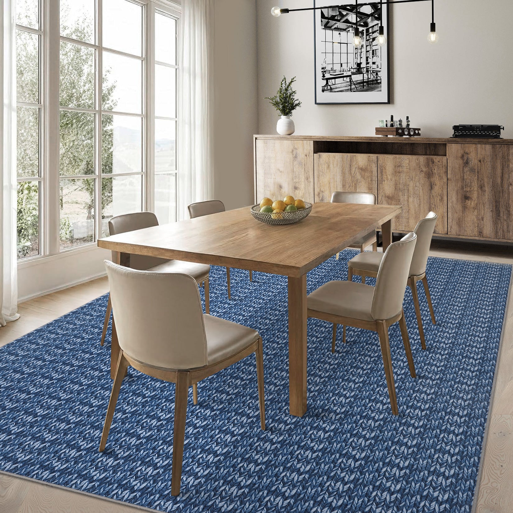 Garvee Modern Blue 8x10 Living Room Rug Large Braided Print Area Rug with Non-Slip Backing, Contemporary Indoor Carpet, Foldable Low Pile Floor Cover for Dining Room, Bedroom