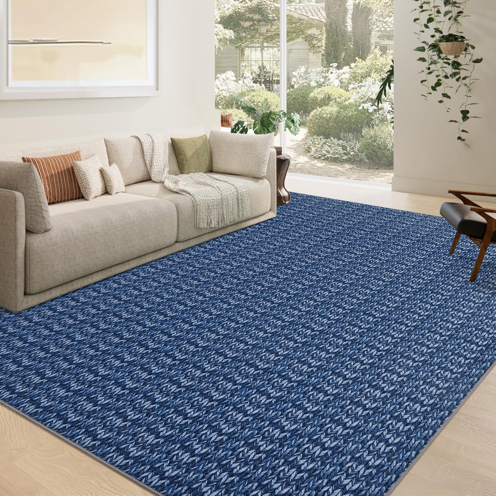 Garvee Modern Blue 8x10 Living Room Rug Large Braided Print Area Rug with Non-Slip Backing, Contemporary Indoor Carpet, Foldable Low Pile Floor Cover for Dining Room, Bedroom
