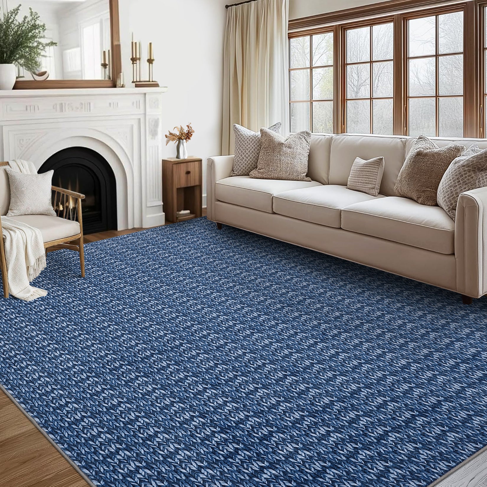 Garvee Modern Blue 10x13 Area Rug Braided Print Accent Carpet with Non-Slip Backing, Washable Contemporary Floor Cover, Foldable Low Pile Indoor Carpet for Bedroom, Living Room