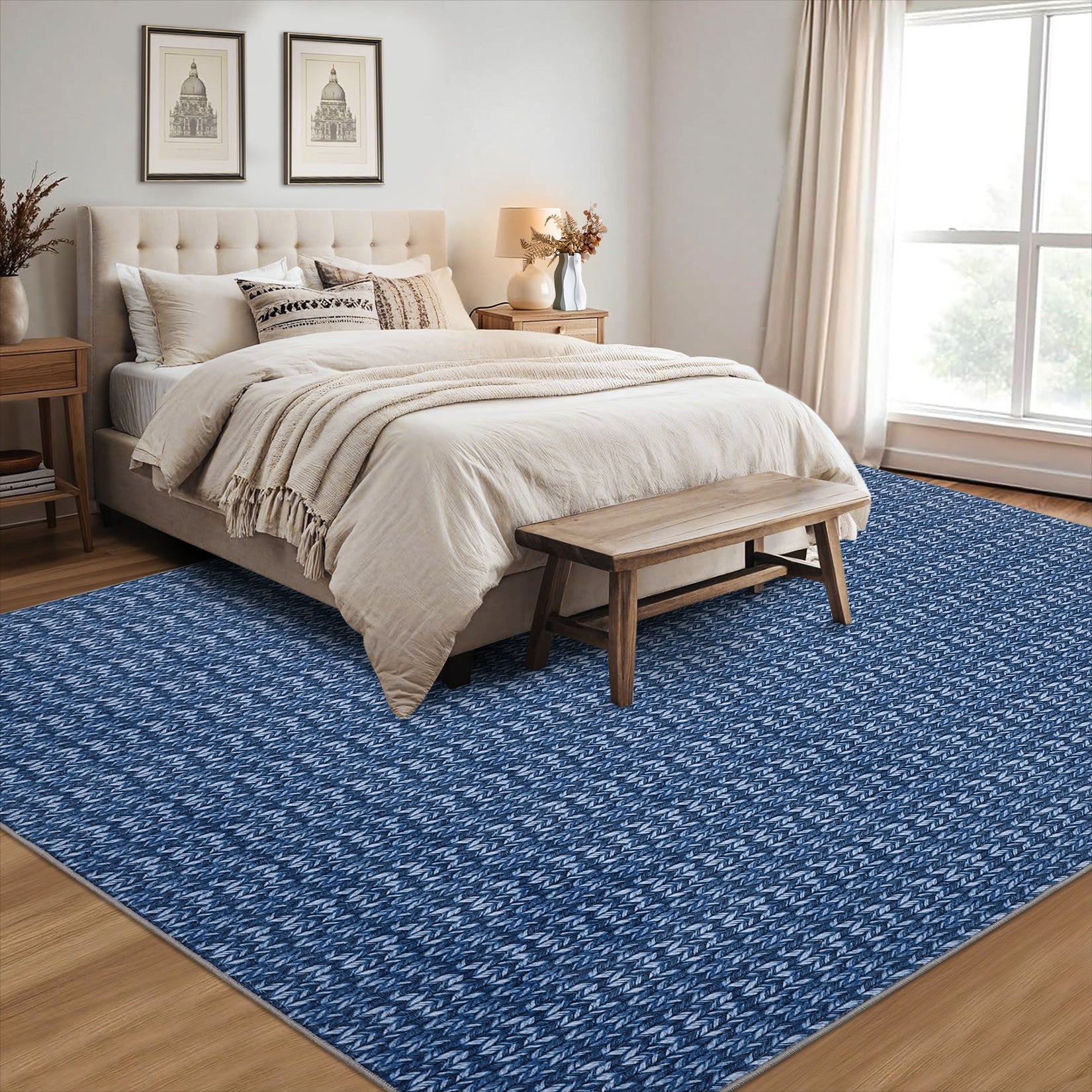 Garvee Modern Blue 8x10 Living Room Rug Large Braided Print Area Rug with Non-Slip Backing, Contemporary Indoor Carpet, Foldable Low Pile Floor Cover for Dining Room, Bedroom