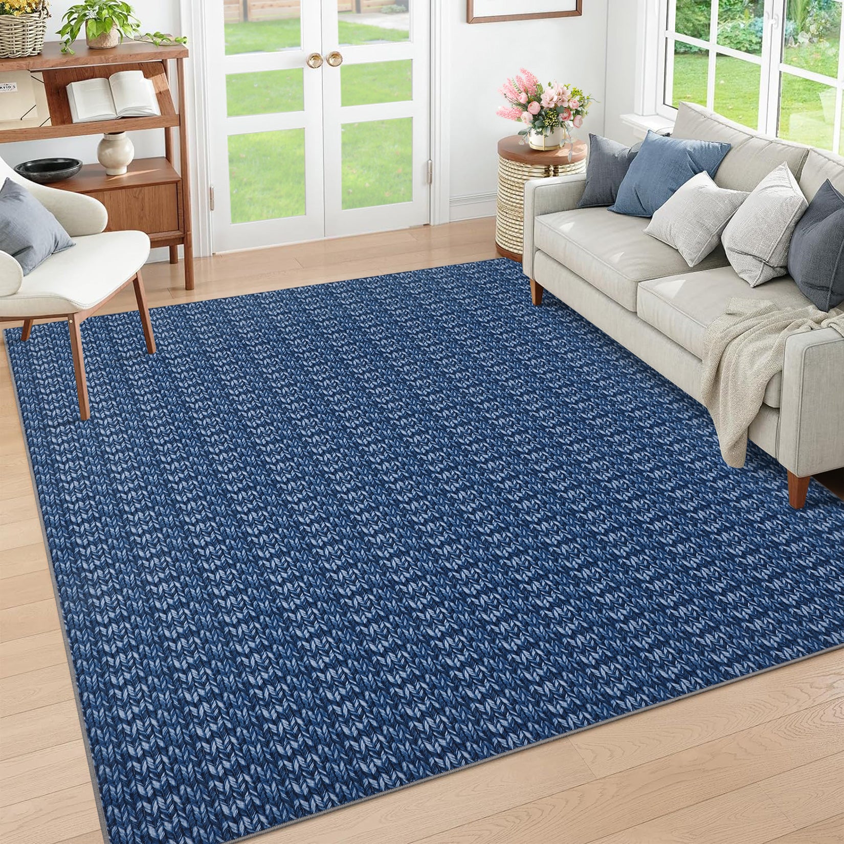 Garvee Modern Blue 10x13 Area Rug Braided Print Accent Carpet with Non-Slip Backing, Washable Contemporary Floor Cover, Foldable Low Pile Indoor Carpet for Bedroom, Living Room