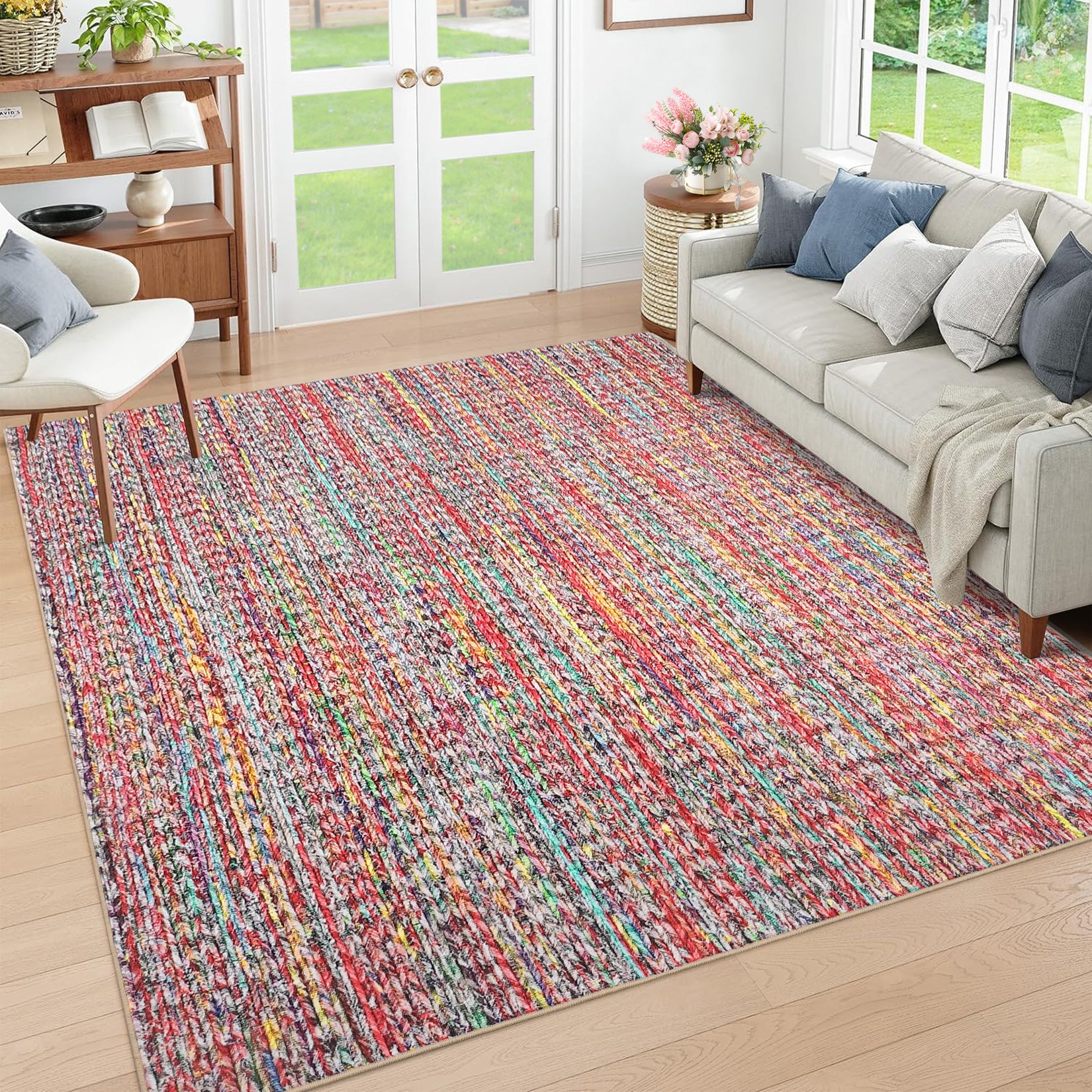 Garvee Modern Multicolor 8x10 Living Room Rug Large Braided Print Area Rug with Non-Slip Backing, Contemporary Indoor Carpet, Foldable Low Pile Floor Cover for Dining Room, Bedroom