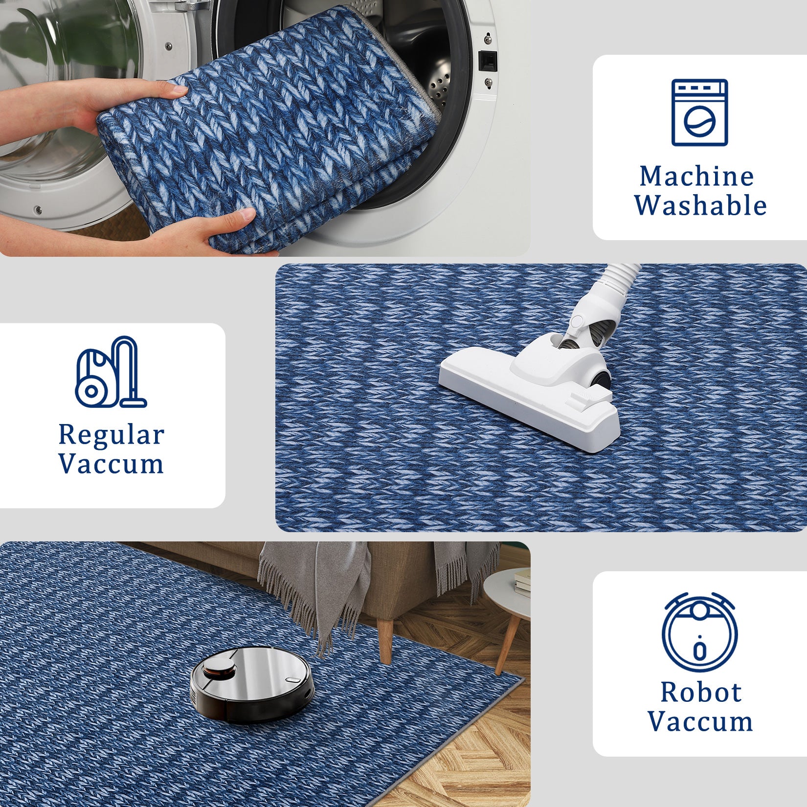 Garvee Modern Blue 5x7 Area Rug Braided Print Floor Cover with Non-Slip Backing, Washable Contemporary Indoor Carpet, Foldable Low Pile Throw Rug for Bedroom, Living Room
