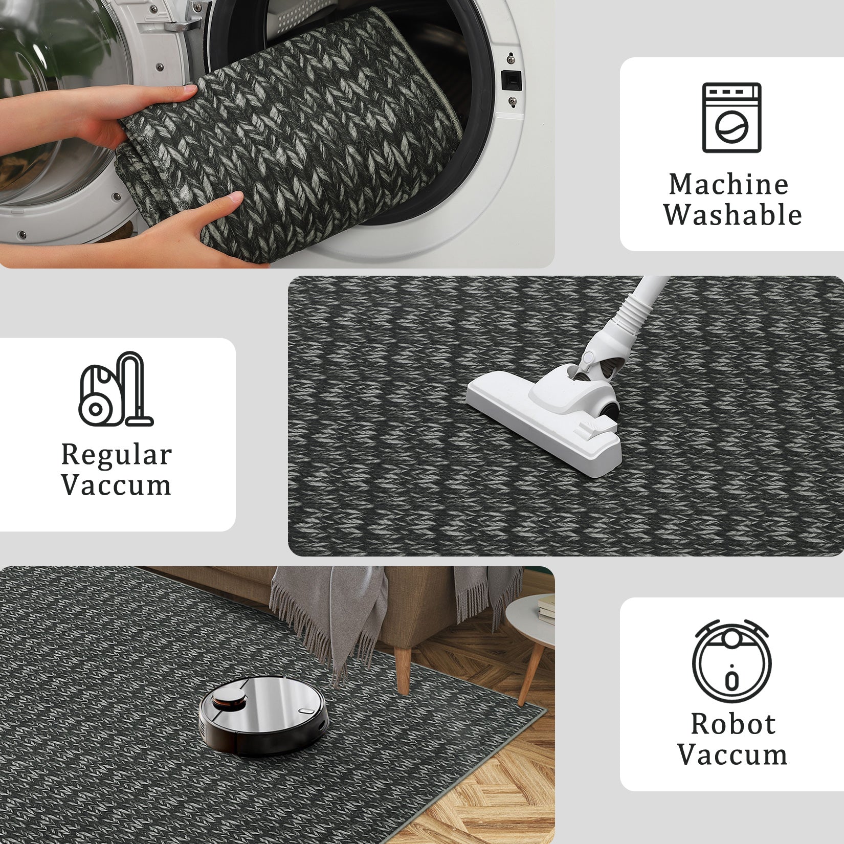 Garvee Modern Black 6x9 Area Rug Braided Print Throw Rug with Non-Slip Backing, Washable Contemporary Accent Carpet, Foldable Low Pile Floor Cover for Living Room, Bedroom