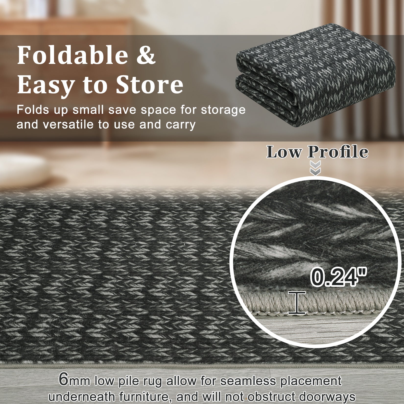 Garvee Modern Black 4'-Round Area Rug Braided Print Circle Rug with Non-Slip Backing, Contemporary Indoor Carpet, Foldable Low Pile Floor Cover for Bedroom, Living Room