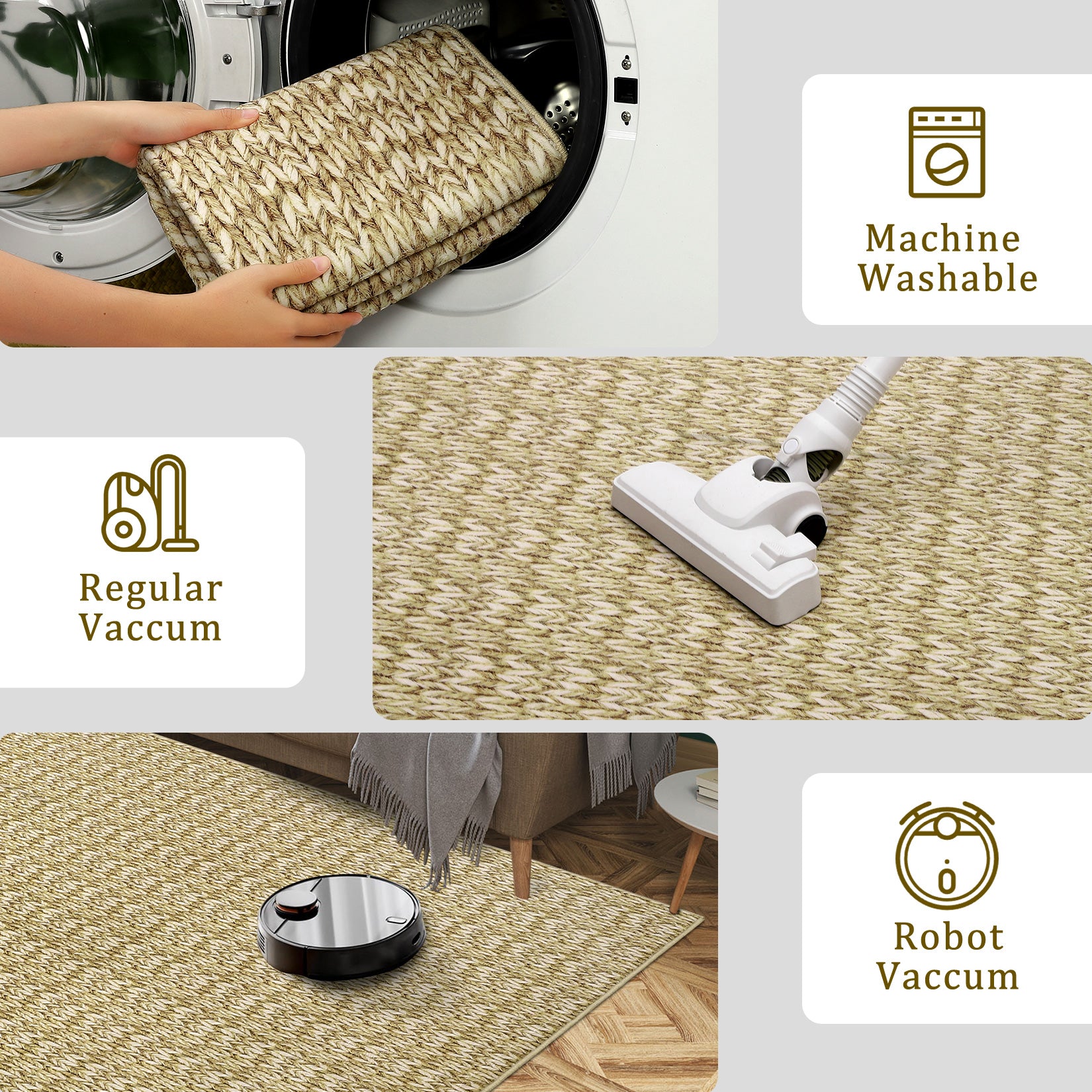 Garvee Modern Camel 5x7 Area Rug Braided Print Floor Cover with Non-Slip Backing, Washable Contemporary Indoor Carpet, Foldable Low Pile Throw Rug for Bedroom, Living Room