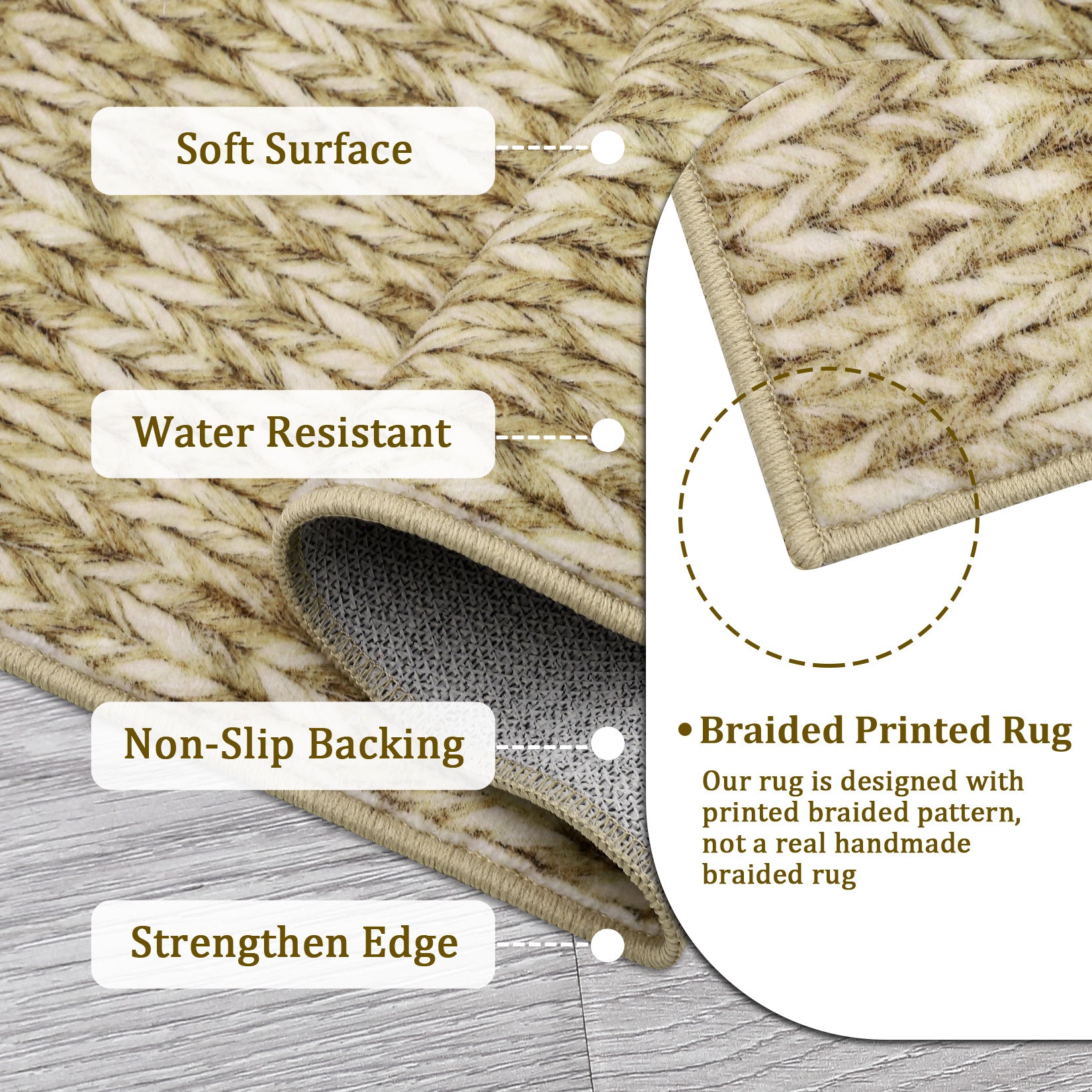 Garvee Modern Camel 4'-Round Area Rug Braided Print Circle Rug with Non-Slip Backing, Contemporary Indoor Carpet, Foldable Low Pile Floor Cover for Bedroom, Living Room