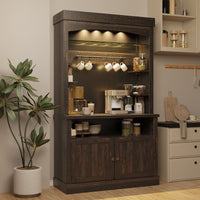 Garvee Farmhouse 72" Buffet Cabinet Coffee Bar Cabinet with LED Lights, Microwave Stand, Wine Rack and Glass Shelf, Dark Oak
