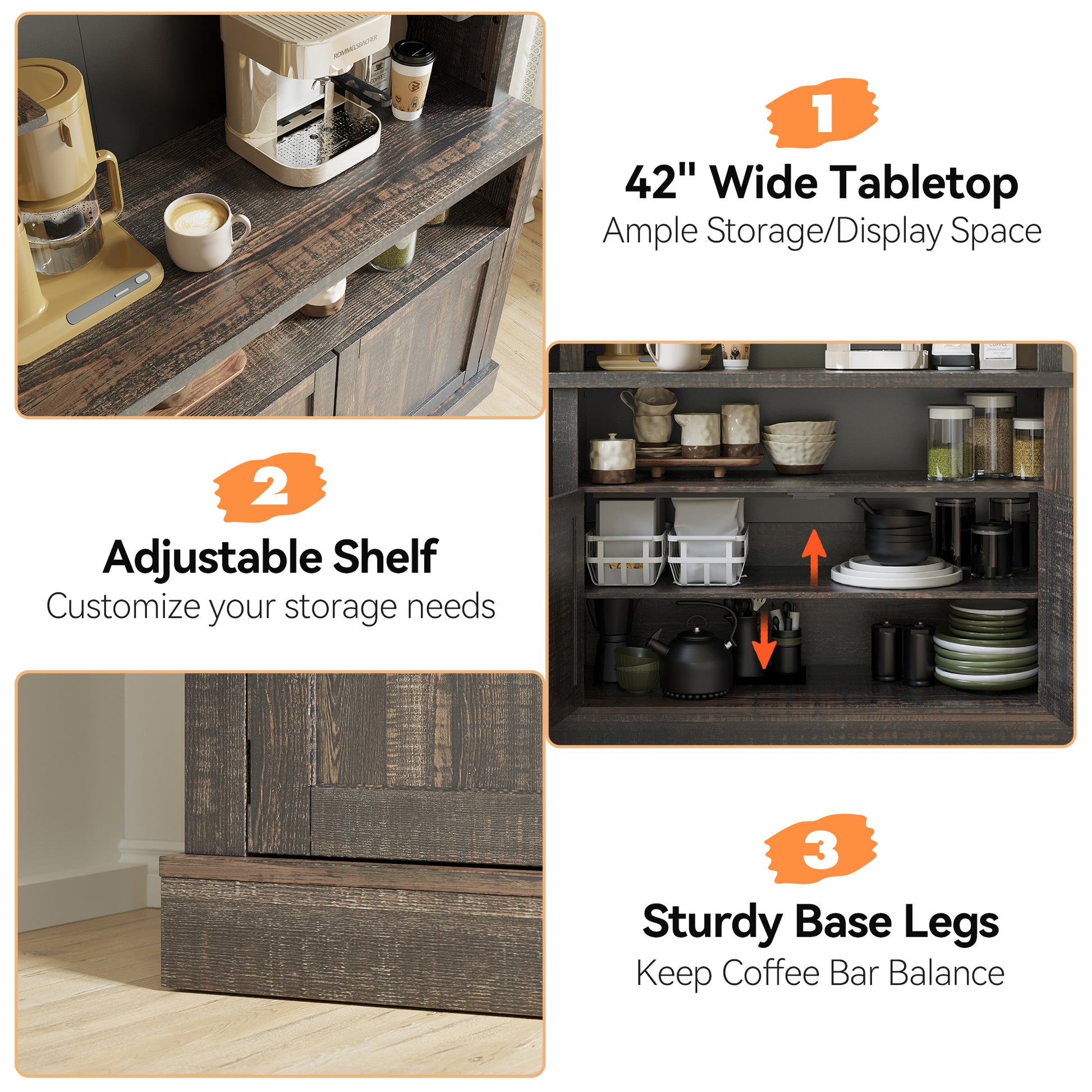 Garvee Farmhouse 72" Buffet Cabinet Coffee Bar Cabinet with LED Lights, Microwave Stand, Wine Rack and Glass Shelf, Dark Oak