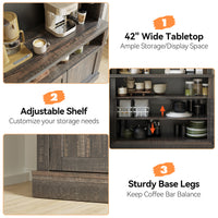 Garvee Farmhouse 72" Buffet Cabinet Coffee Bar Cabinet with LED Lights, Microwave Stand, Wine Rack and Glass Shelf, Dark Oak