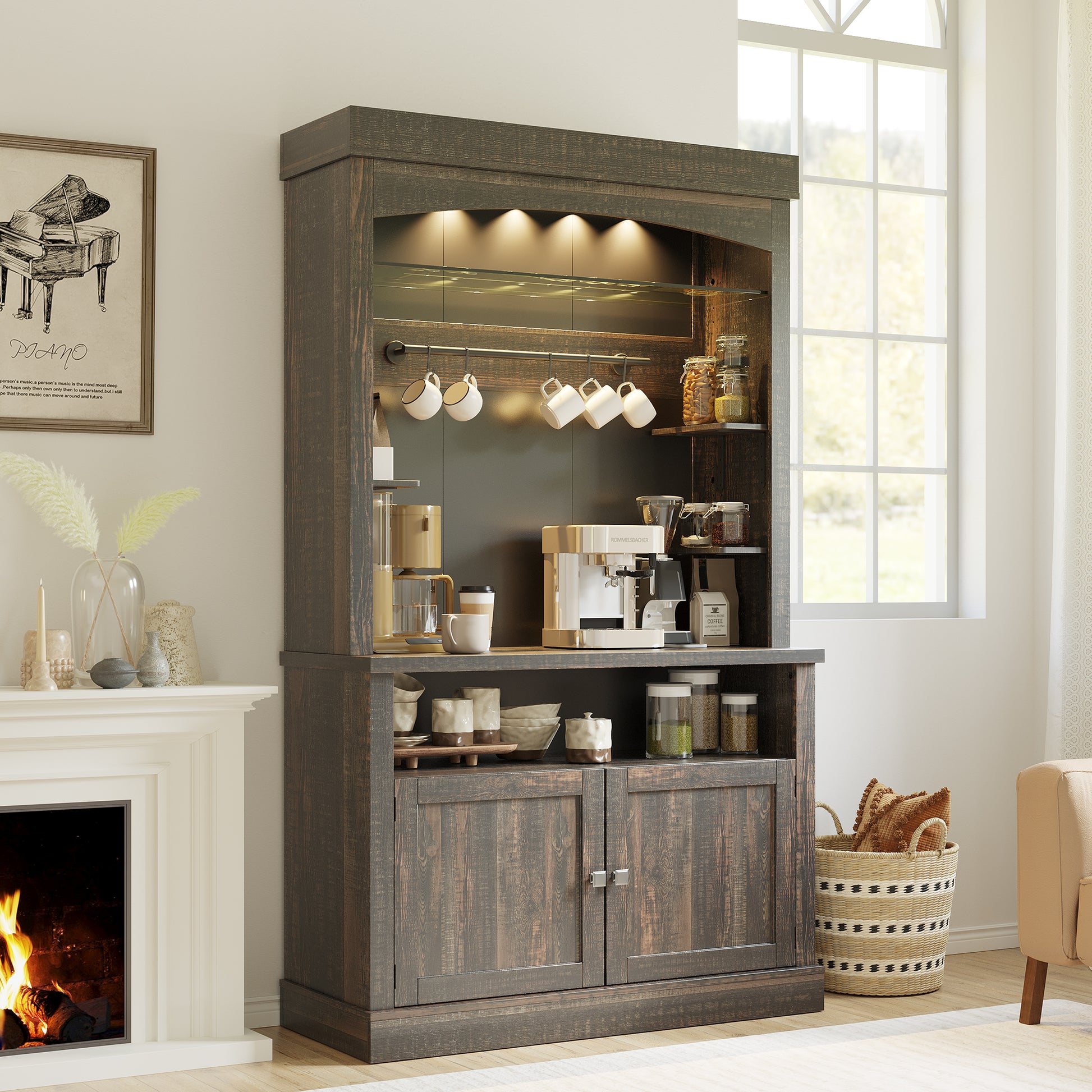 Garvee Farmhouse 72" Buffet Cabinet Coffee Bar Cabinet with LED Lights, Microwave Stand, Wine Rack and Glass Shelf, Dark Oak