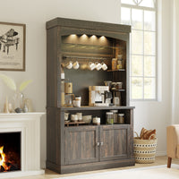 Garvee Farmhouse 72" Buffet Cabinet Coffee Bar Cabinet with LED Lights, Microwave Stand, Wine Rack and Glass Shelf, Dark Oak