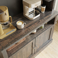 Garvee Farmhouse 72" Buffet Cabinet Coffee Bar Cabinet with LED Lights, Microwave Stand, Wine Rack and Glass Shelf, Dark Oak
