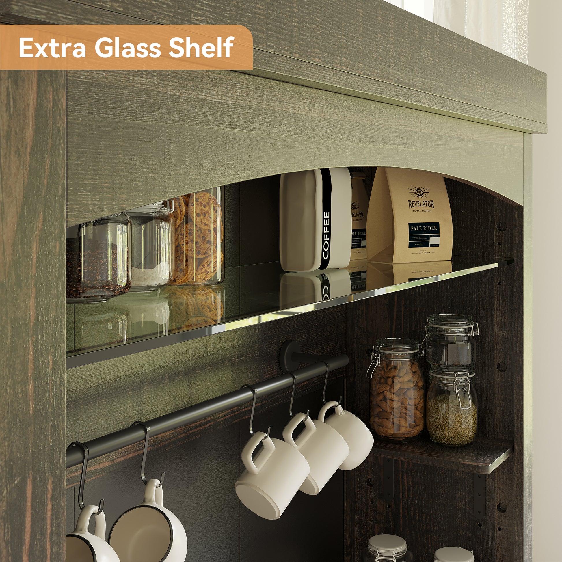Garvee Farmhouse 72" Buffet Cabinet Coffee Bar Cabinet with LED Lights, Microwave Stand, Wine Rack and Glass Shelf, Dark Oak
