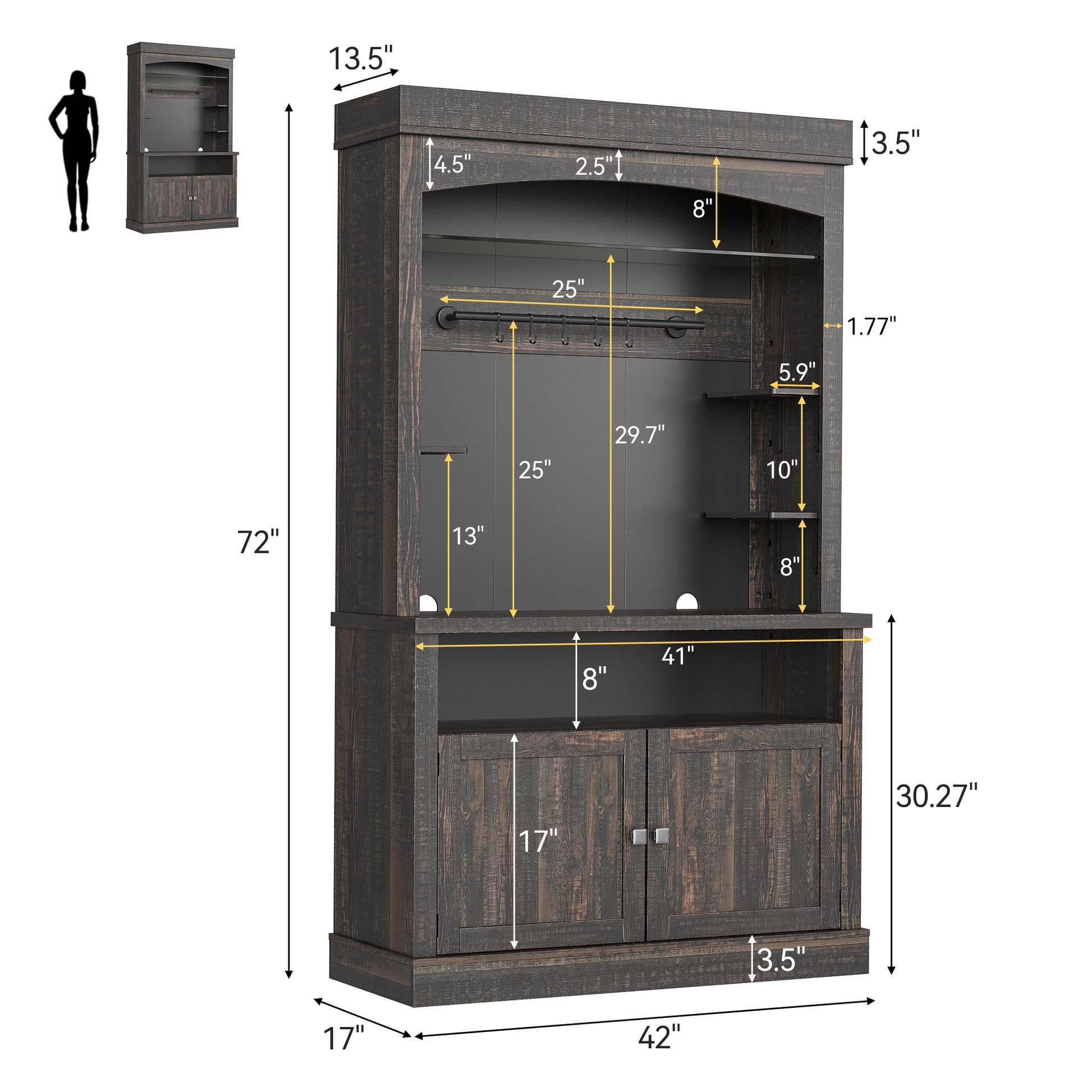 Garvee Farmhouse 72" Buffet Cabinet Coffee Bar Cabinet with LED Lights, Microwave Stand, Wine Rack and Glass Shelf, Dark Oak