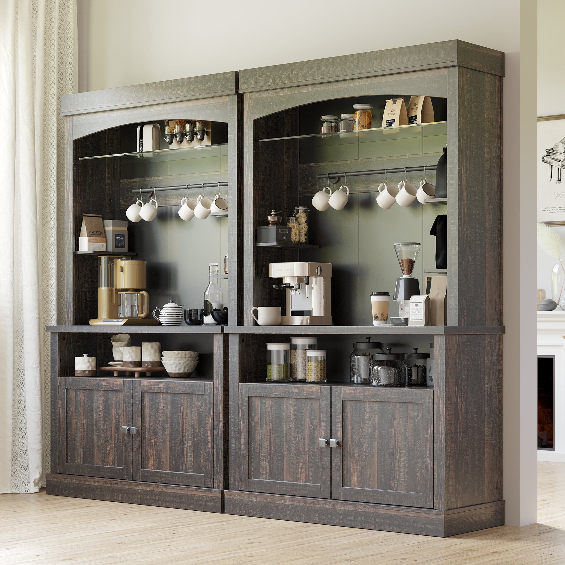 Garvee Farmhouse 72" Buffet Cabinet Coffee Bar Cabinet with LED Lights, Microwave Stand, Wine Rack and Glass Shelf, Dark Oak