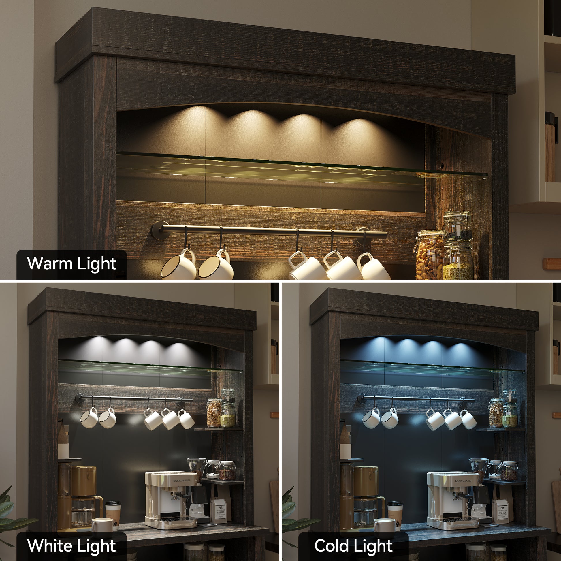 Garvee Farmhouse 72" Buffet Cabinet Coffee Bar Cabinet with LED Lights, Microwave Stand, Wine Rack and Glass Shelf, Dark Oak