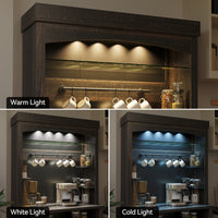 Garvee Farmhouse 72" Buffet Cabinet Coffee Bar Cabinet with LED Lights, Microwave Stand, Wine Rack and Glass Shelf, Dark Oak