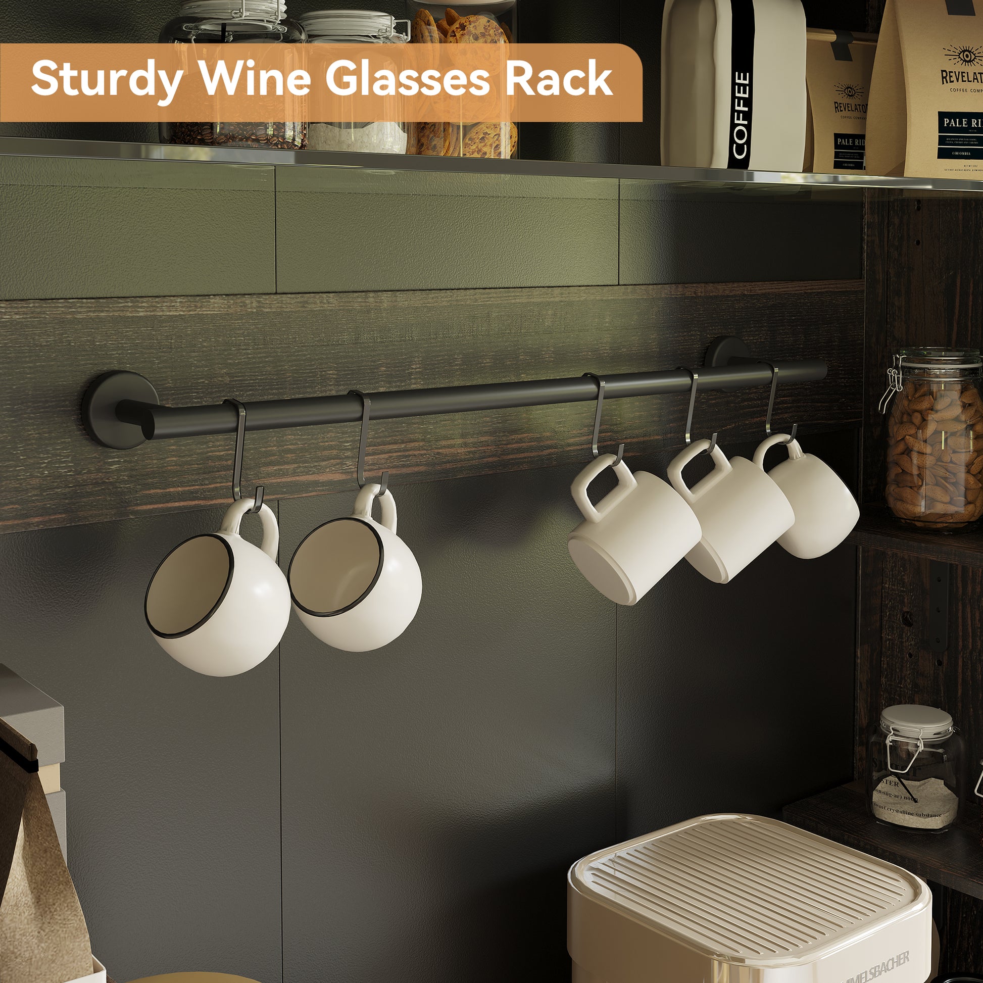 Garvee Farmhouse 72" Buffet Cabinet Coffee Bar Cabinet with LED Lights, Microwave Stand, Wine Rack and Glass Shelf, Dark Oak