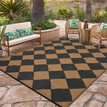 Garvee Outdoor Black & Brown 9x18 Rug Waterproof Reversible Outdoor Plastic Straw Rug with 4 Stakes & Portable Bag Boho Patio Rugs Carpet RV Mat Outside for Patio Camp Balcony Deck Picnic