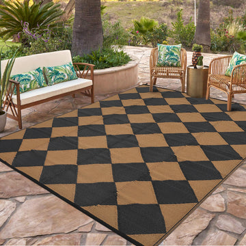 Garvee Outdoor Black & Brown 9x18 Rug Waterproof Reversible Outdoor Plastic Straw Rug with 4 Stakes & Portable Bag Boho Patio Rugs Carpet RV Mat Outside for Patio Camp Balcony Deck Picnic