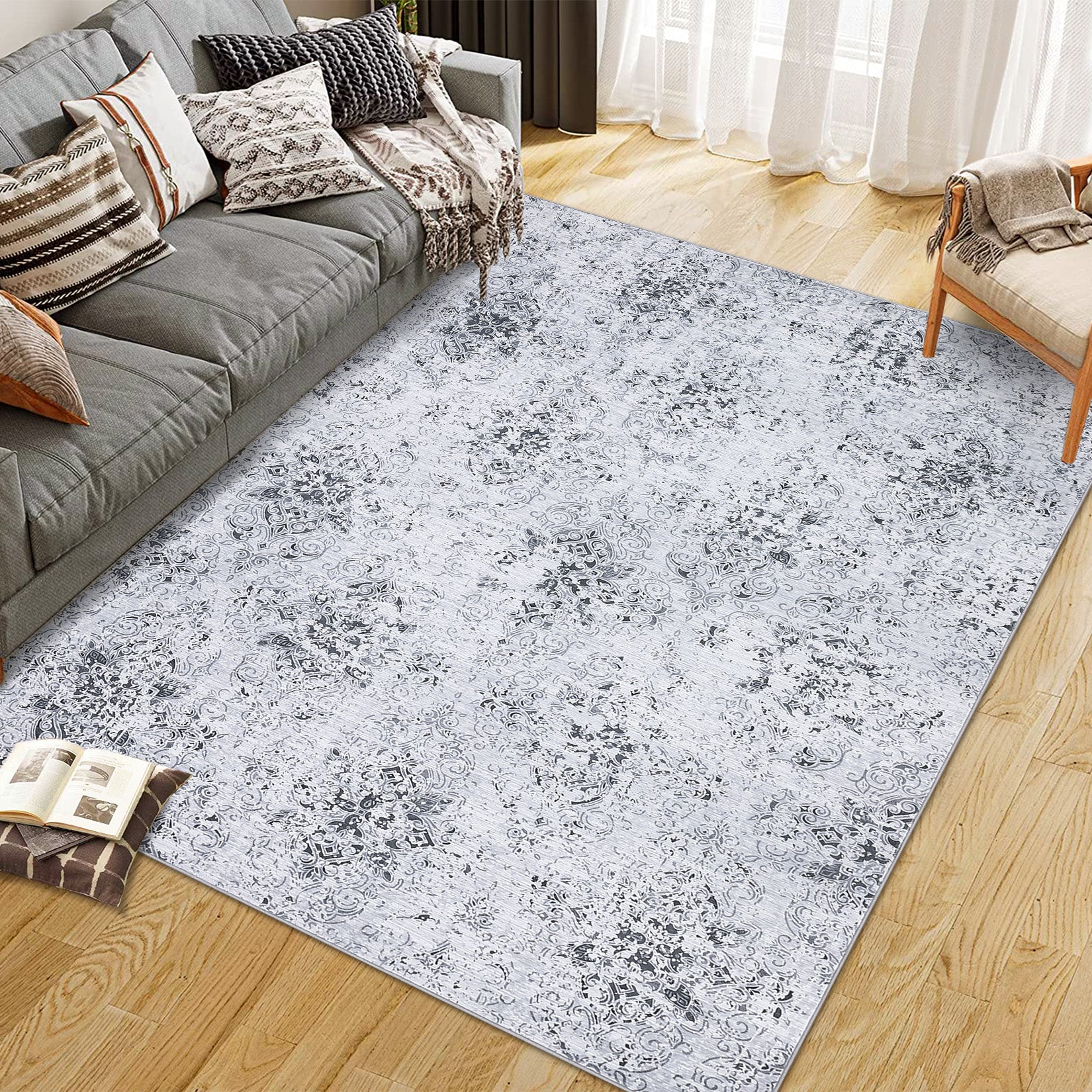 Garvee Machine Washable Area Rugs Lightweight Ultra-Thin Indoor Rug Soft Boho Botanical Floral Design Non-Slip Rubber Backing