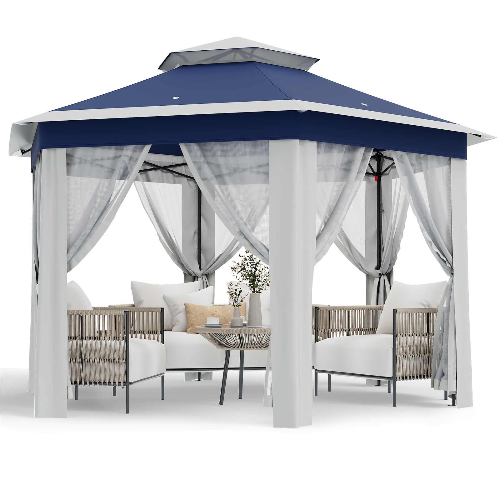 Garvee 13'x13' Pop Up Screen Tent with Mosquito Netting for Outdoor Patio Pavilion Hexagonal Sun Shelter Blue