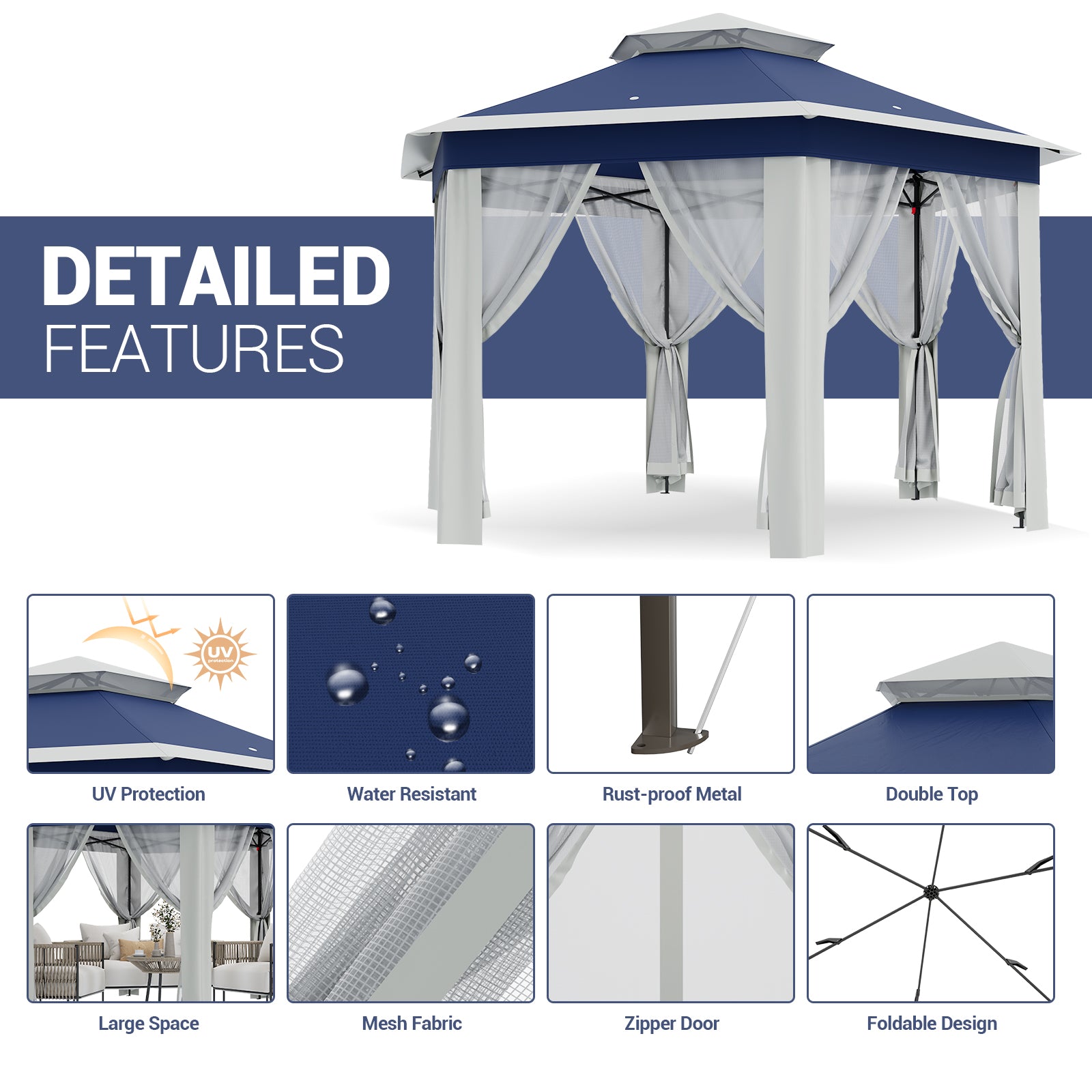 Garvee 13'x13' Pop Up Screen Tent with Mosquito Netting for Outdoor Patio Pavilion Hexagonal Sun Shelter Blue