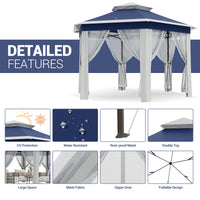 Garvee 13'x13' Pop Up Screen Tent with Mosquito Netting for Outdoor Patio Pavilion Hexagonal Sun Shelter Blue
