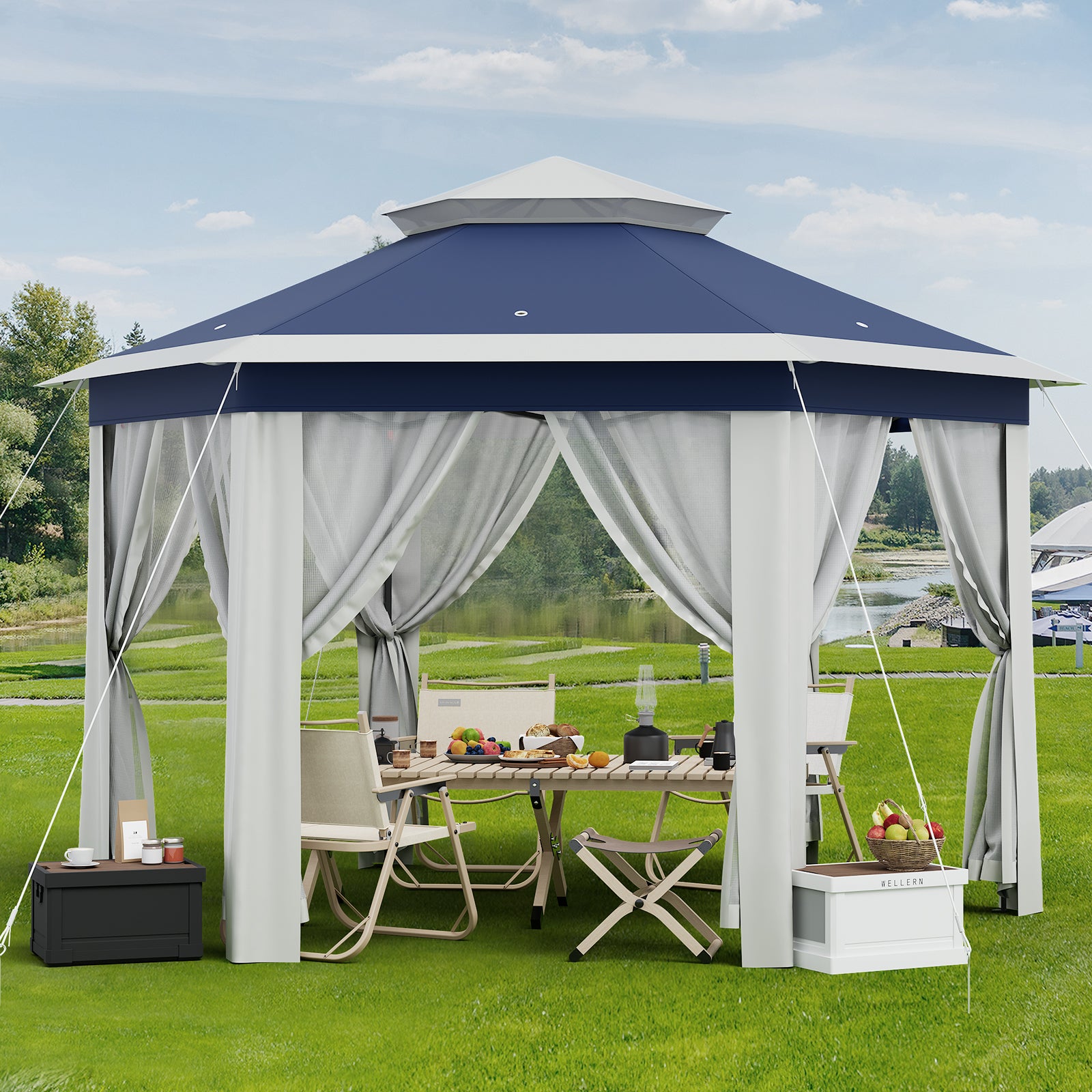 Garvee 13'x13' Pop Up Screen Tent with Mosquito Netting for Outdoor Patio Pavilion Hexagonal Sun Shelter Blue