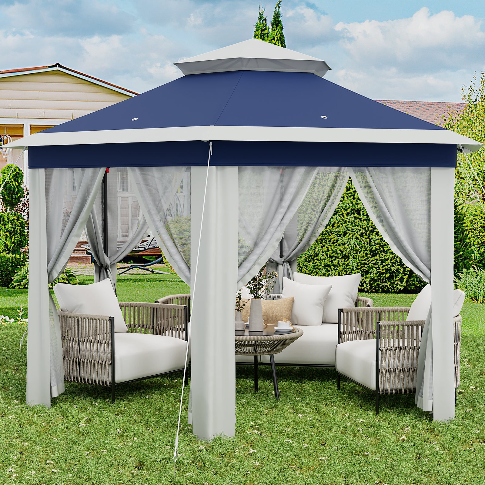 Garvee 13'x13' Pop Up Screen Tent with Mosquito Netting for Outdoor Patio Pavilion Hexagonal Sun Shelter Blue