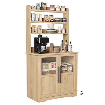 Garvee Farmhouse Bakers Rack with 2 Glass Doors, Power Outlet,Thickened Counter