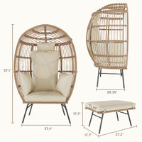 Garvee Wicker Egg Chair with Ottoman, Comfy Egg Rattan Chair Egg Basket Lounge Chair with Thick Cusion for Indoor Outdoor Patio Porch Backyard, Beige