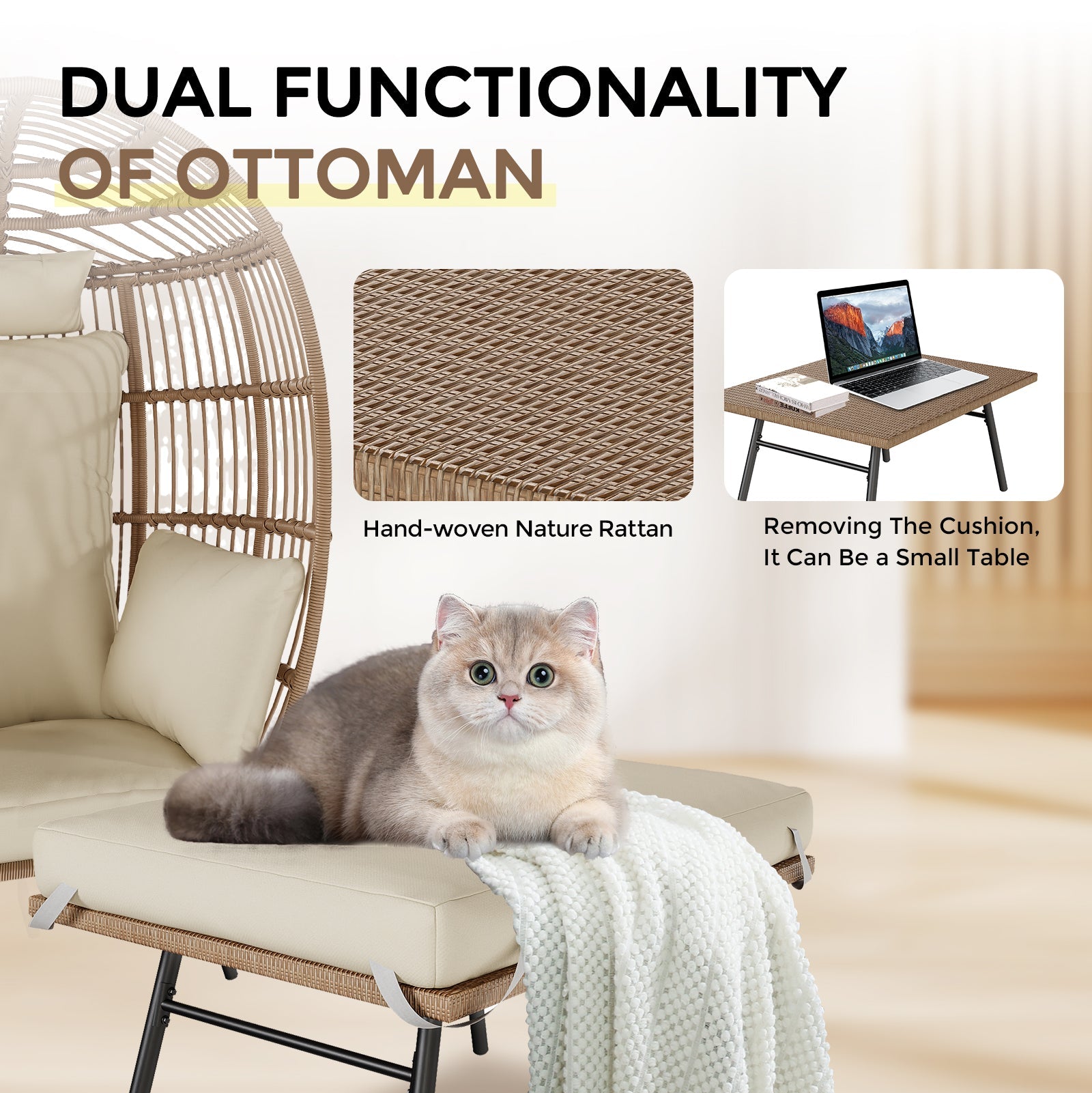 Garvee Wicker Egg Chair with Ottoman, Comfy Egg Rattan Chair Egg Basket Lounge Chair with Thick Cusion for Indoor Outdoor Patio Porch Backyard, Beige