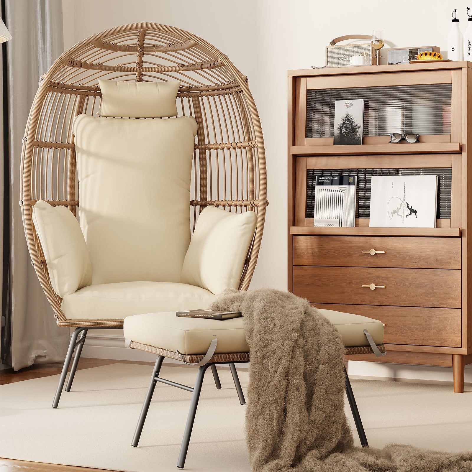 Garvee Wicker Egg Chair with Ottoman, Comfy Egg Rattan Chair Egg Basket Lounge Chair with Thick Cusion for Indoor Outdoor Patio Porch Backyard, Beige