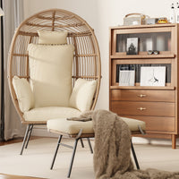 Garvee Wicker Egg Chair with Ottoman, Comfy Egg Rattan Chair Egg Basket Lounge Chair with Thick Cusion for Indoor Outdoor Patio Porch Backyard, Beige
