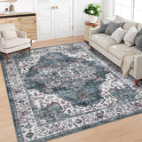 Garvee Vintage Area Rug 5 x 7 Floral Print Throw Rug with Non-Slip Backing, Washable Distressed Indoor Carpet, Oriental Medallion Low Pile Floor Cover for Bedroom, Living Room, Blue - Blue