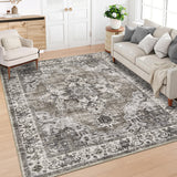 Garvee Large Vintage Living Room Rug 10 x 13 Floral Print Indoor Mat with Non-Slip Backing, Washable Distressed Floor Cover, Oriental Medallion Low Pile Area Rug for Bedroom, Brown - Brown