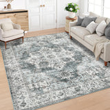 Garvee Large Vintage Living Room Rug 10 x 13 Floral Print Indoor Mat with Non-Slip Backing, Washable Distressed Floor Cover, Oriental Medallion Low Pile Area Rug for Bedroom, Green - Green