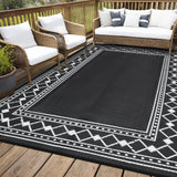 Garvee Outdoor Rug 8x10 Plastic Straw Rug Waterproof Patio Rug, Black Reversible Rug, Foldable Lightweight Outdoor Carpet with Storage Bag, 4 Stakes, Camping Mat for Deck, Garden - Black & White