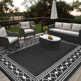 Garvee Outdoor Plastic Straw Rug 9x18 Large Rug Uv Resistant Waterproof Patio Rug, Foldable Reversible Rug, Lightweight Camping Mat Picnic Rug with Stortage Bag, 4 Stakes, Black - Black & White