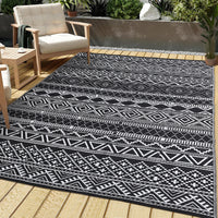 Garvee Outdoor Black & White 10x14 Geometric Rug, Waterproof Reversible Plastic Straw Carpet for Patio, Backyard, Deck, RV Camping