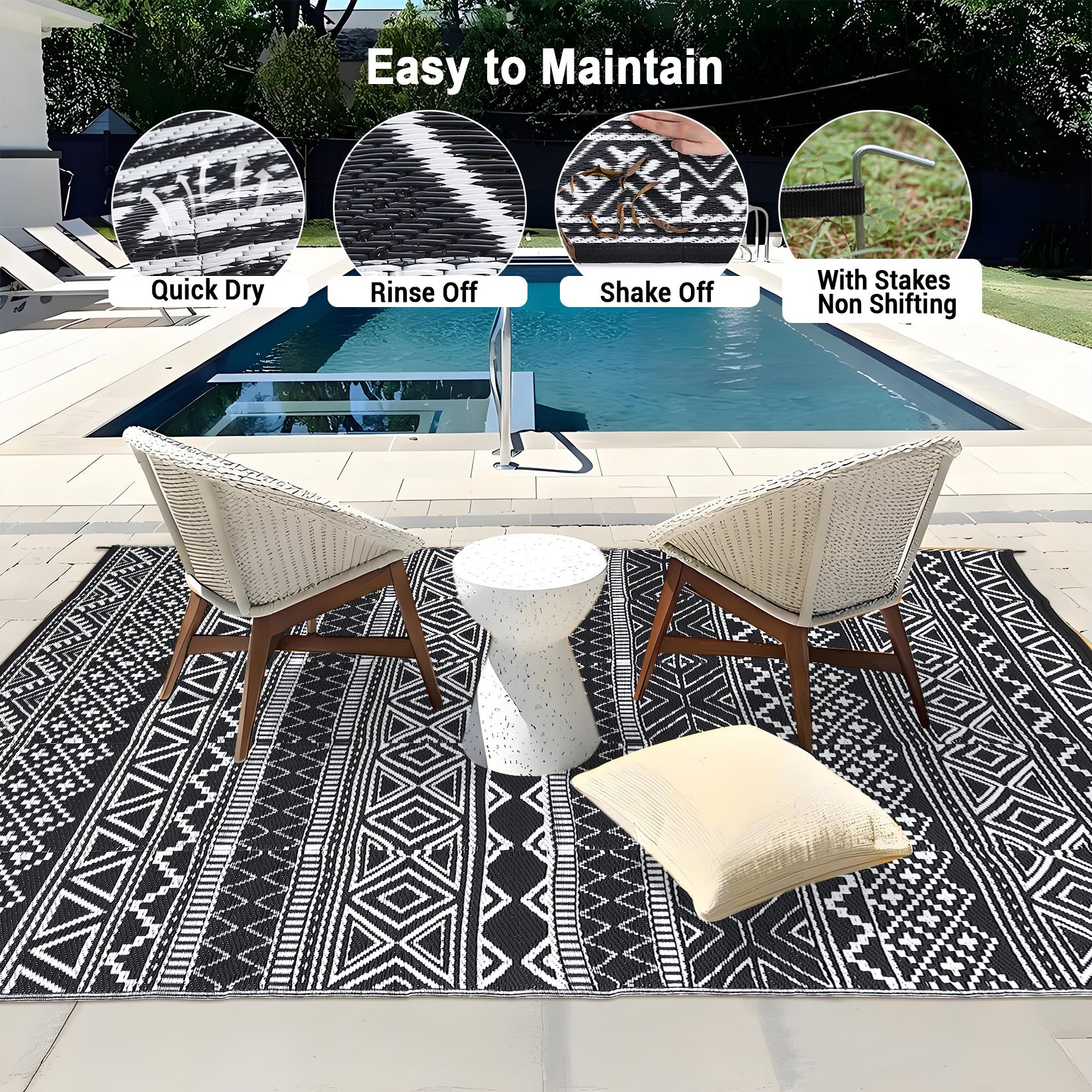 Garvee Outdoor Black & White 10x14 Geometric Rug, Waterproof Reversible Plastic Straw Carpet for Patio, Backyard, Deck, RV Camping