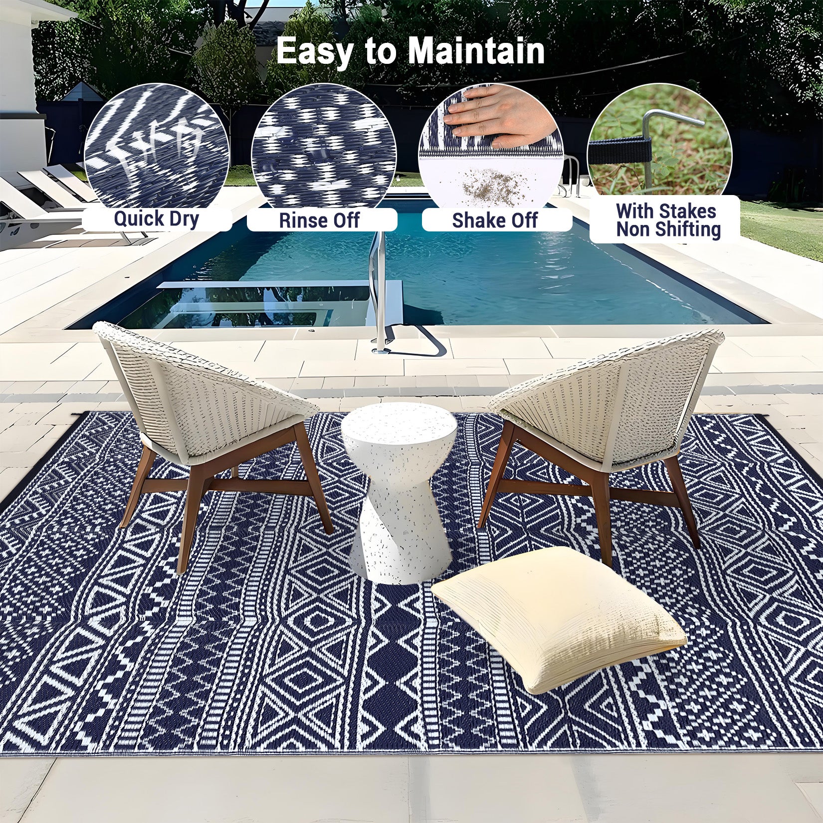 Garvee Outdoor Navy Blue & White 6x9 Reversible Rug, Modern Bohemian Style, Weatherproof, Durable PP Plastic, Easy to Clean, Portable, Perfect for Patio, Deck, Backyard
