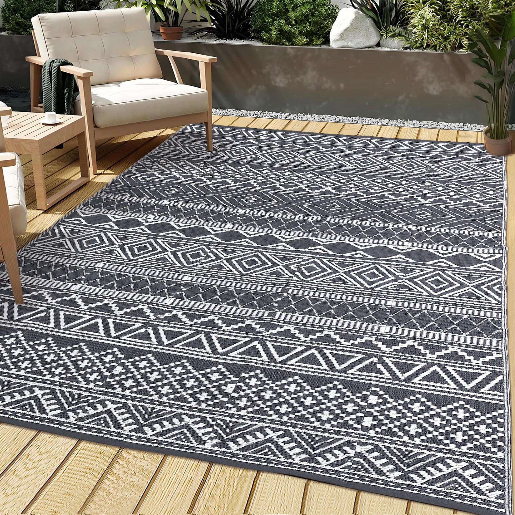 Garvee Outdoor 9x18 Boho Rug, Reversible Waterproof PP Plastic Carpet for Patio, Camping & RV | Easy Clean Portable, Gray & White